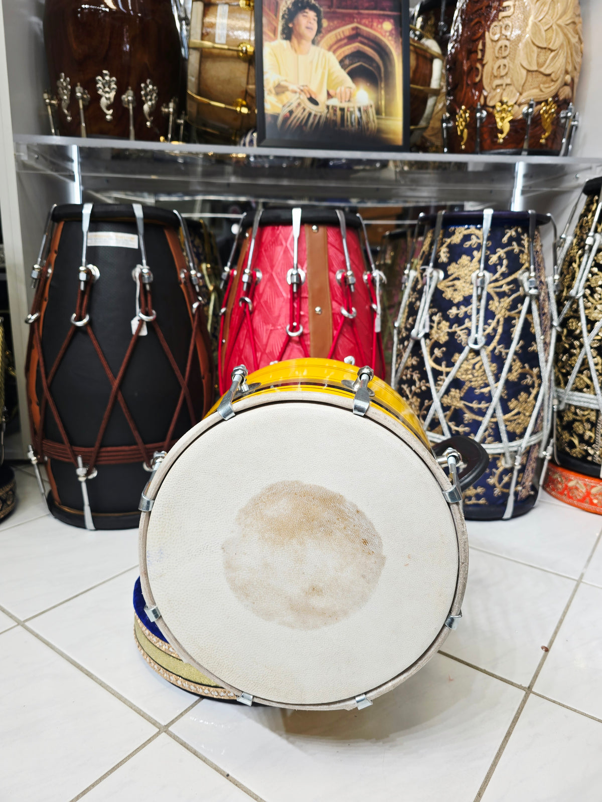 Surya Stripes – Vibrant Yellow & Black Striped Student Dholak with Gold Accents & Carrying Handle (YB1)