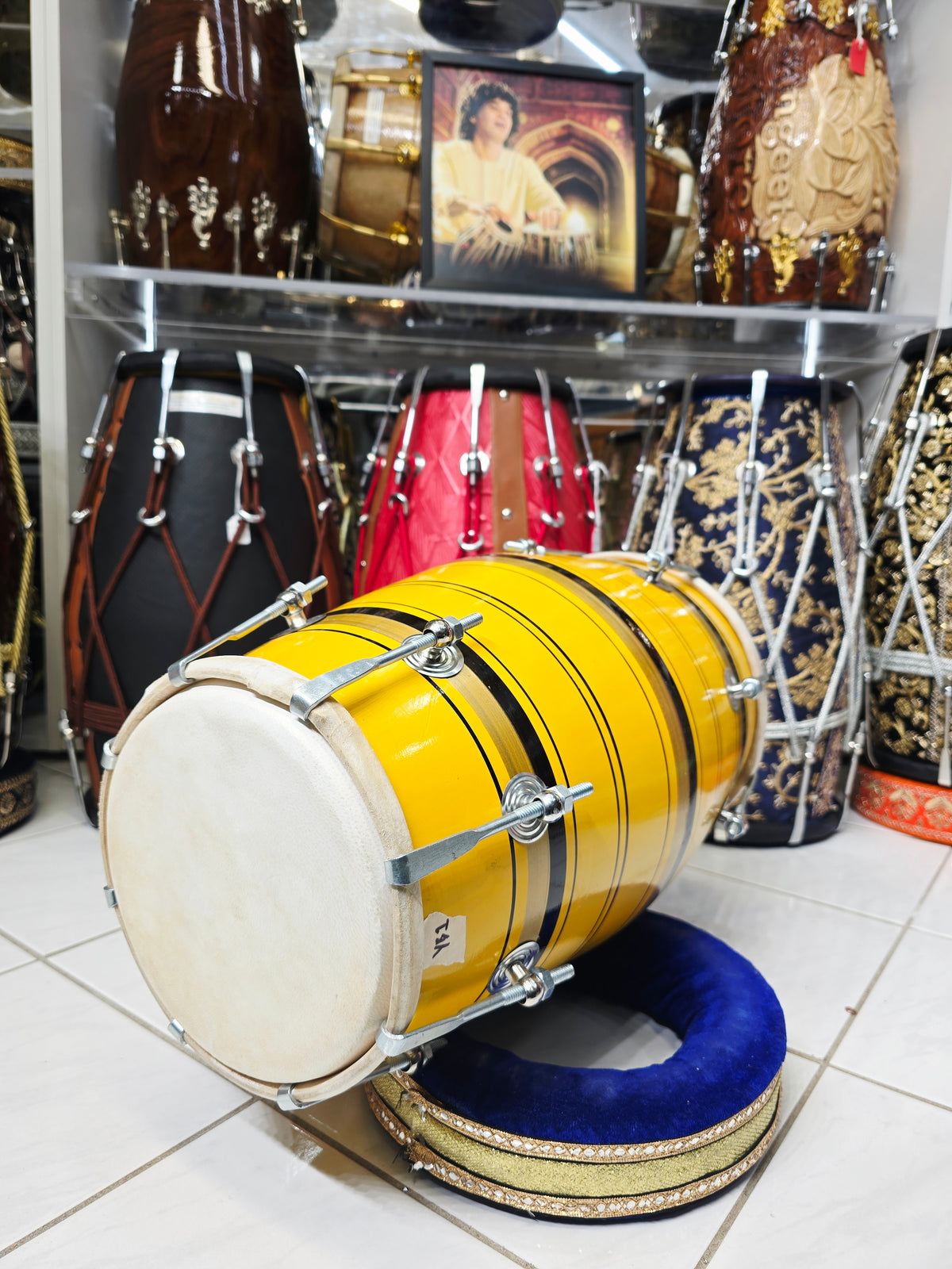 Surya Stripes – Vibrant Yellow & Black Striped Student Dholak with Gold Accents & Carrying Handle (YB1)