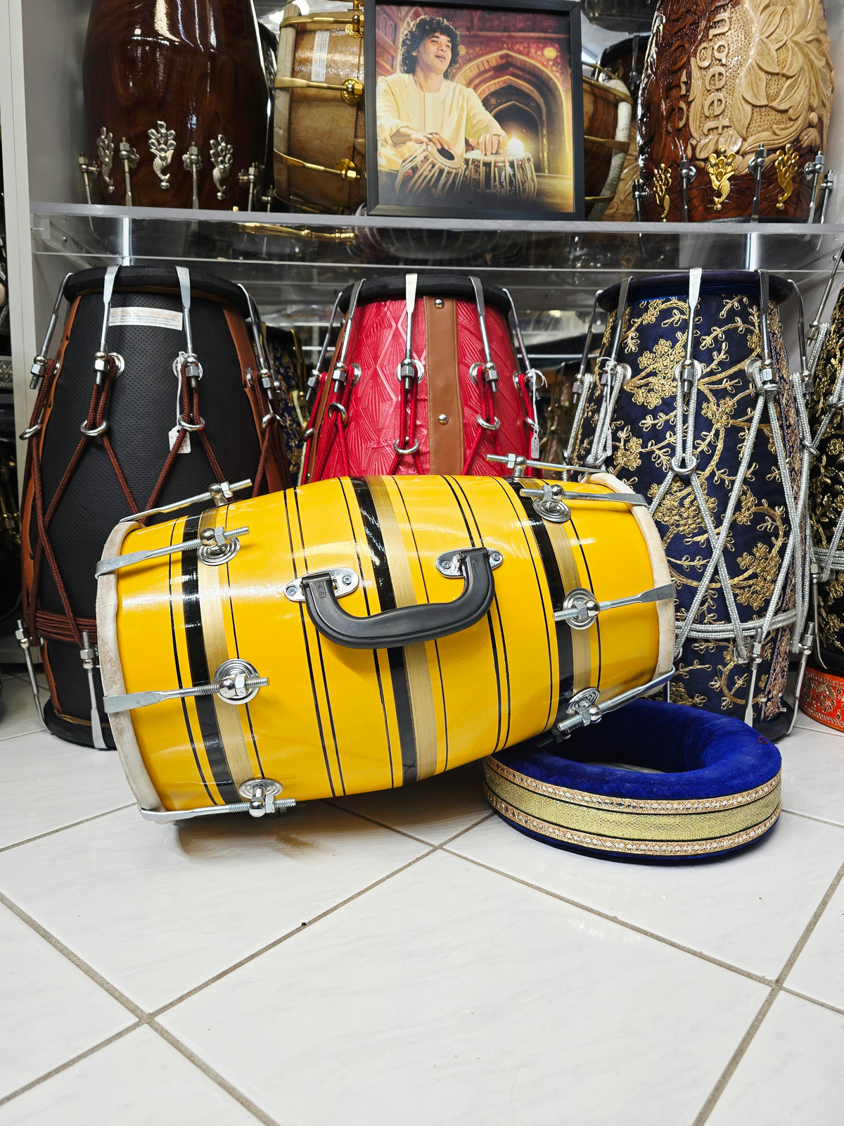 Surya Stripes – Vibrant Yellow & Black Striped Student Dholak with Gold Accents & Carrying Handle (YB1)