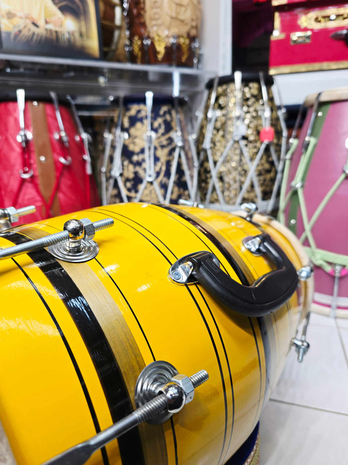 Surya Stripes – Vibrant Yellow & Black Striped Student Dholak with Gold Accents & Carrying Handle (YB1)