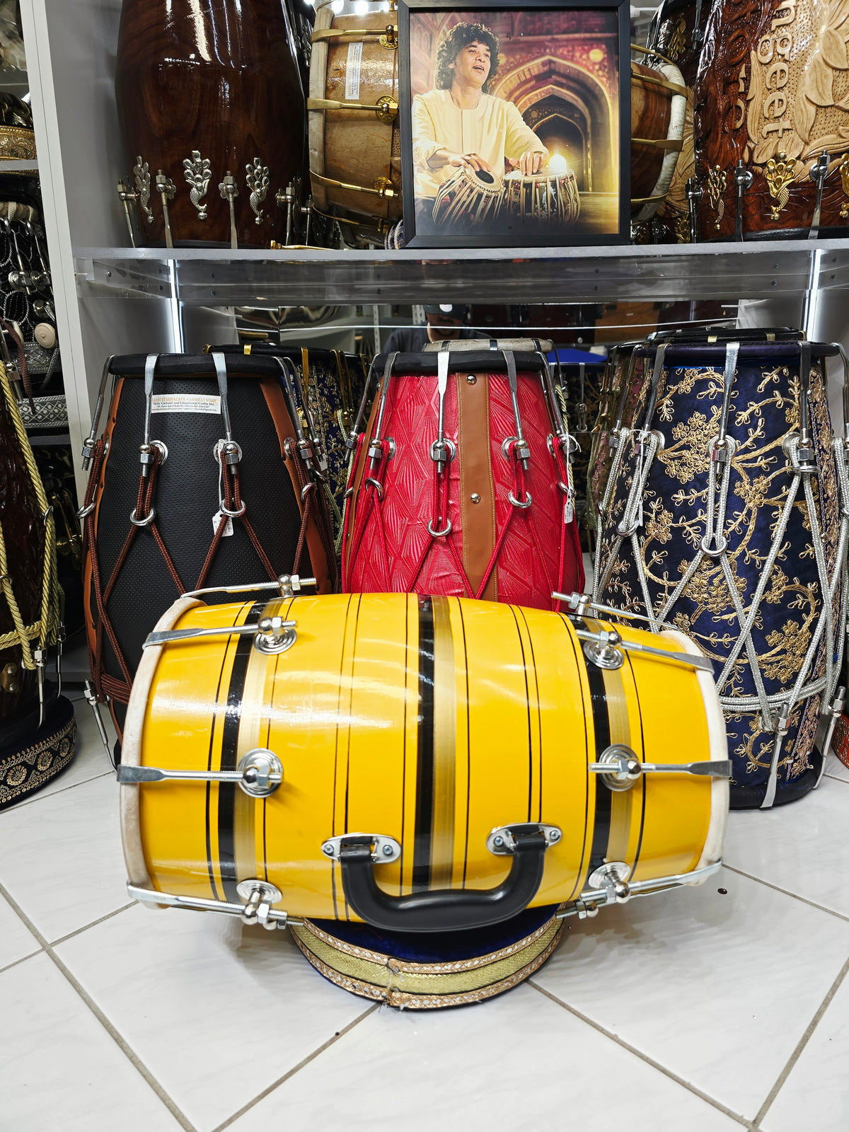 Surya Rekha – Sunshine Yellow & Metallic Gold Striped Student Dholak with Black Accents & Carrying Handle *Very Minor Cosmestic Blemishes (YB2)