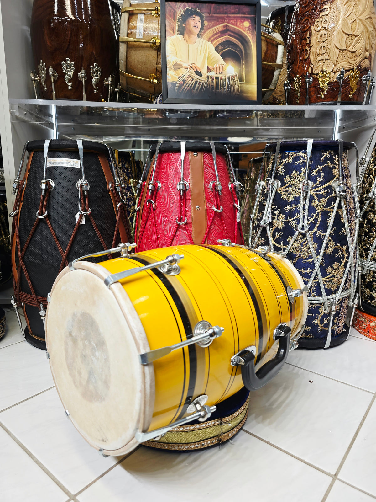 Surya Rekha – Sunshine Yellow & Metallic Gold Striped Student Dholak with Black Accents & Carrying Handle *Very Minor Cosmestic Blemishes (YB2)