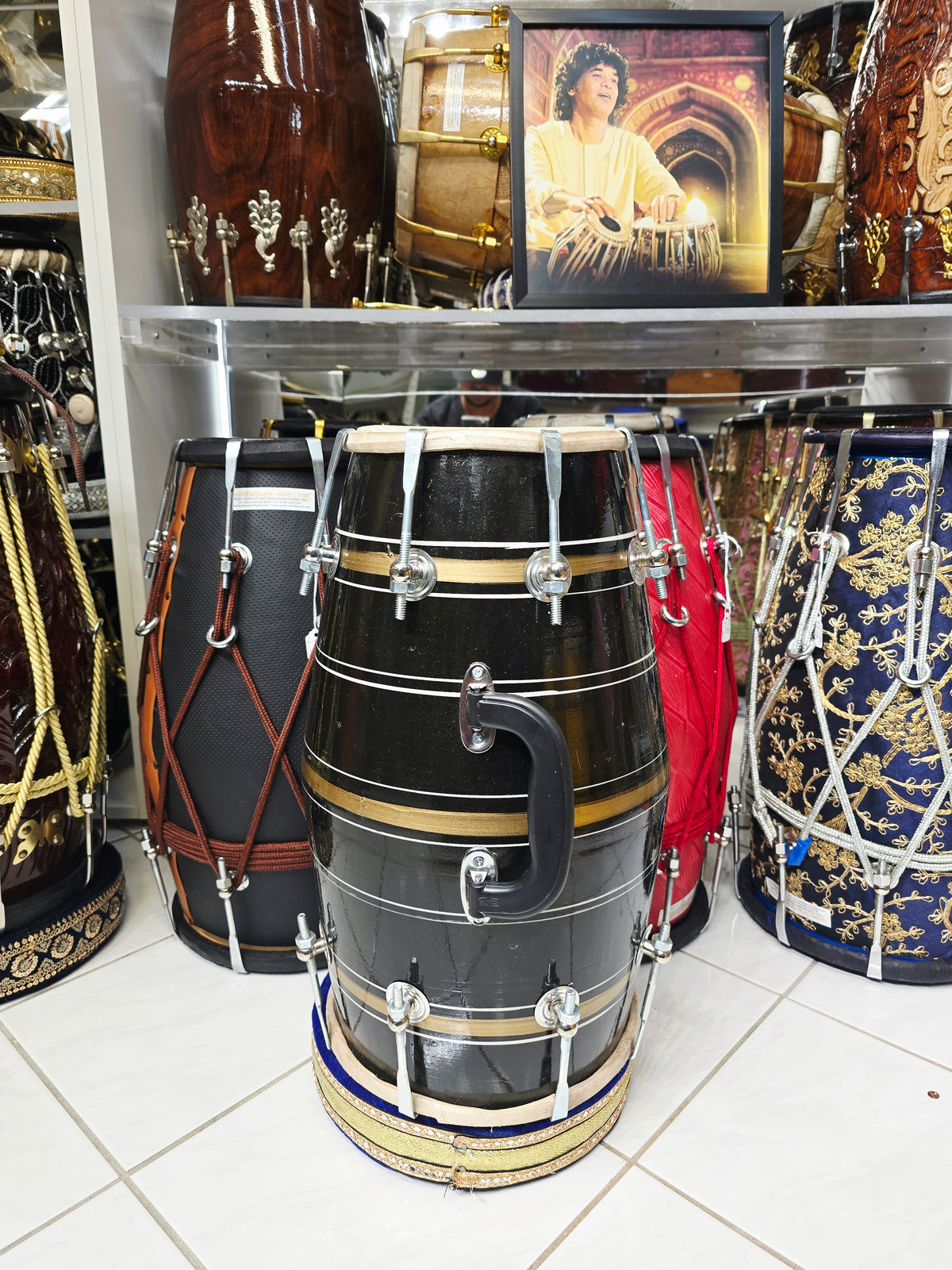 Kala Sona – Midnight Black & Metallic Gold Striped Student Dholak with Silver Pinstripes & Carrying Handle * Minor Cosmetic Blemishes