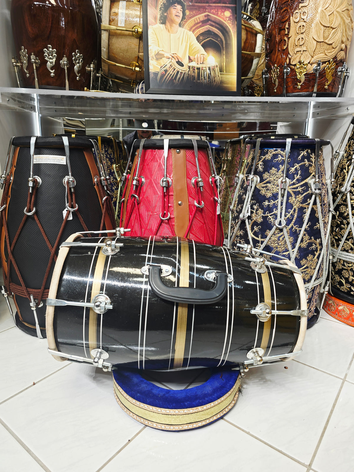 Kaal Rekha – Glossy Midnight Black & Antique Gold Striped Student Dholak with Silver Pinstripes & Carrying Handle *Minor Cosmetic Blemishes (B2)
