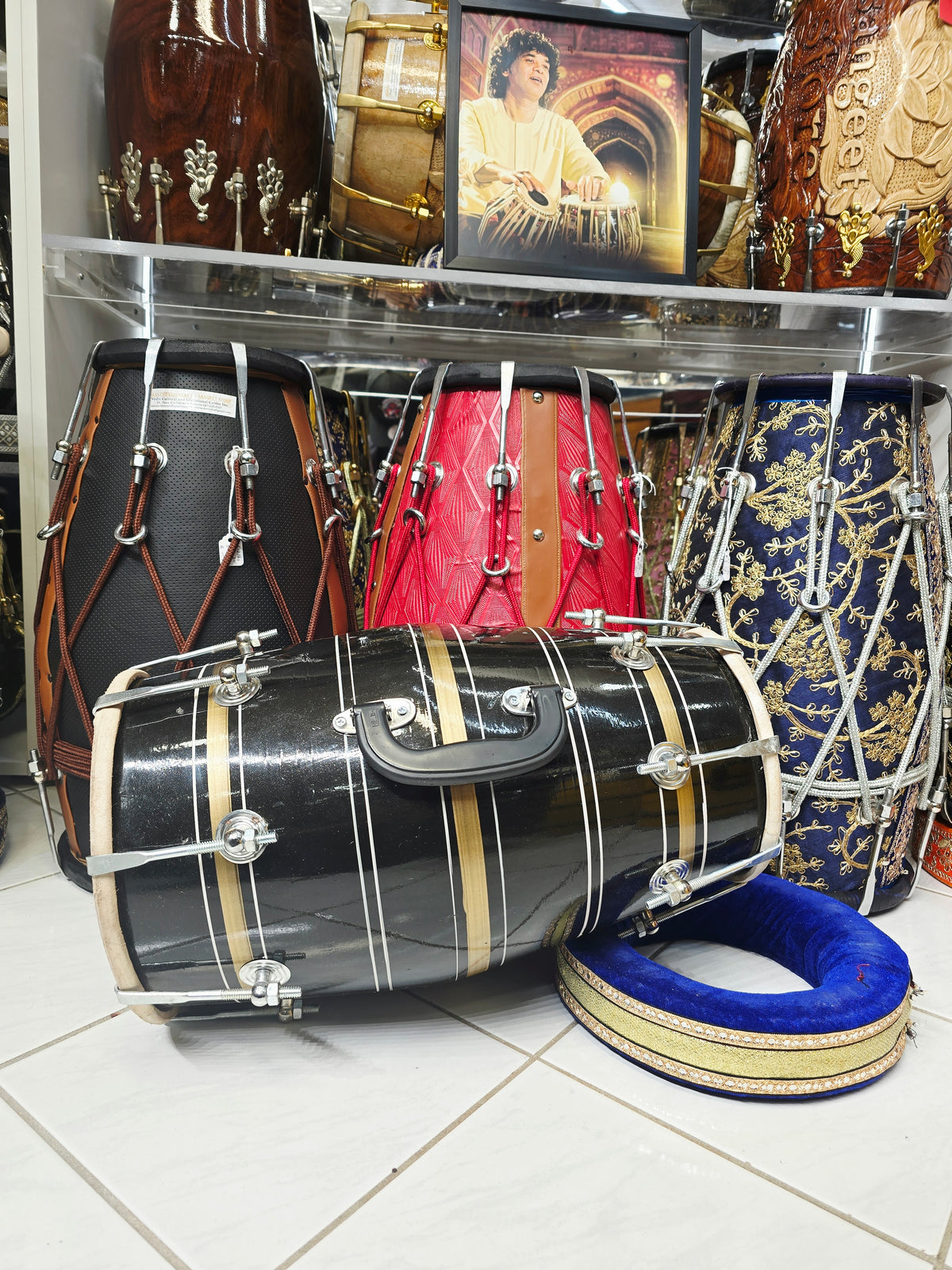 Kaal Rekha – Glossy Midnight Black & Antique Gold Striped Student Dholak with Silver Pinstripes & Carrying Handle *Minor Cosmetic Blemishes (B2)