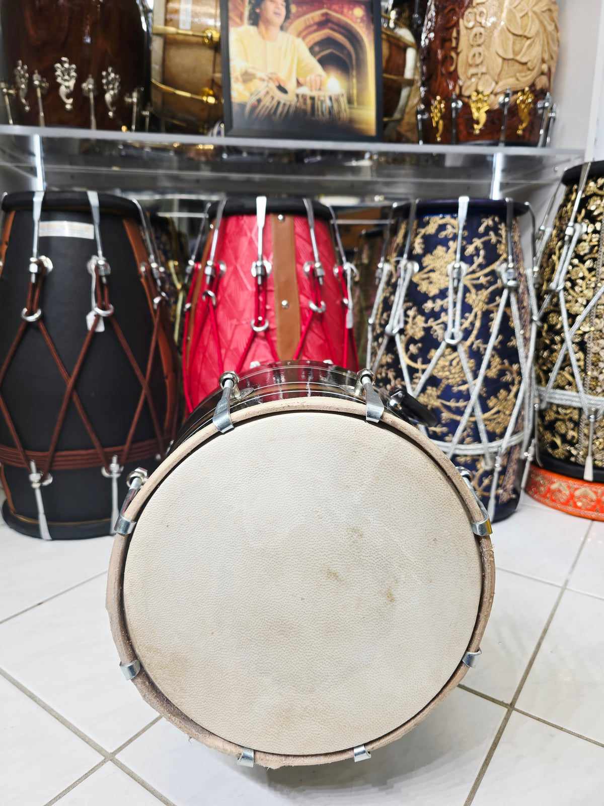Kaal Rekha – Glossy Midnight Black & Antique Gold Striped Student Dholak with Silver Pinstripes & Carrying Handle *Minor Cosmetic Blemishes (B2)