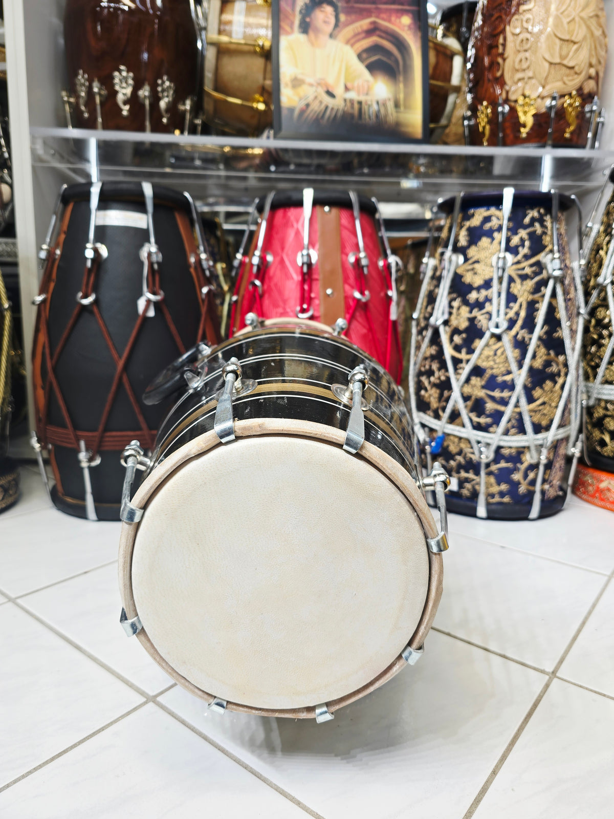 Kaal Rekha – Glossy Midnight Black & Antique Gold Striped Student Dholak with Silver Pinstripes & Carrying Handle *Minor Cosmetic Blemishes (B2)