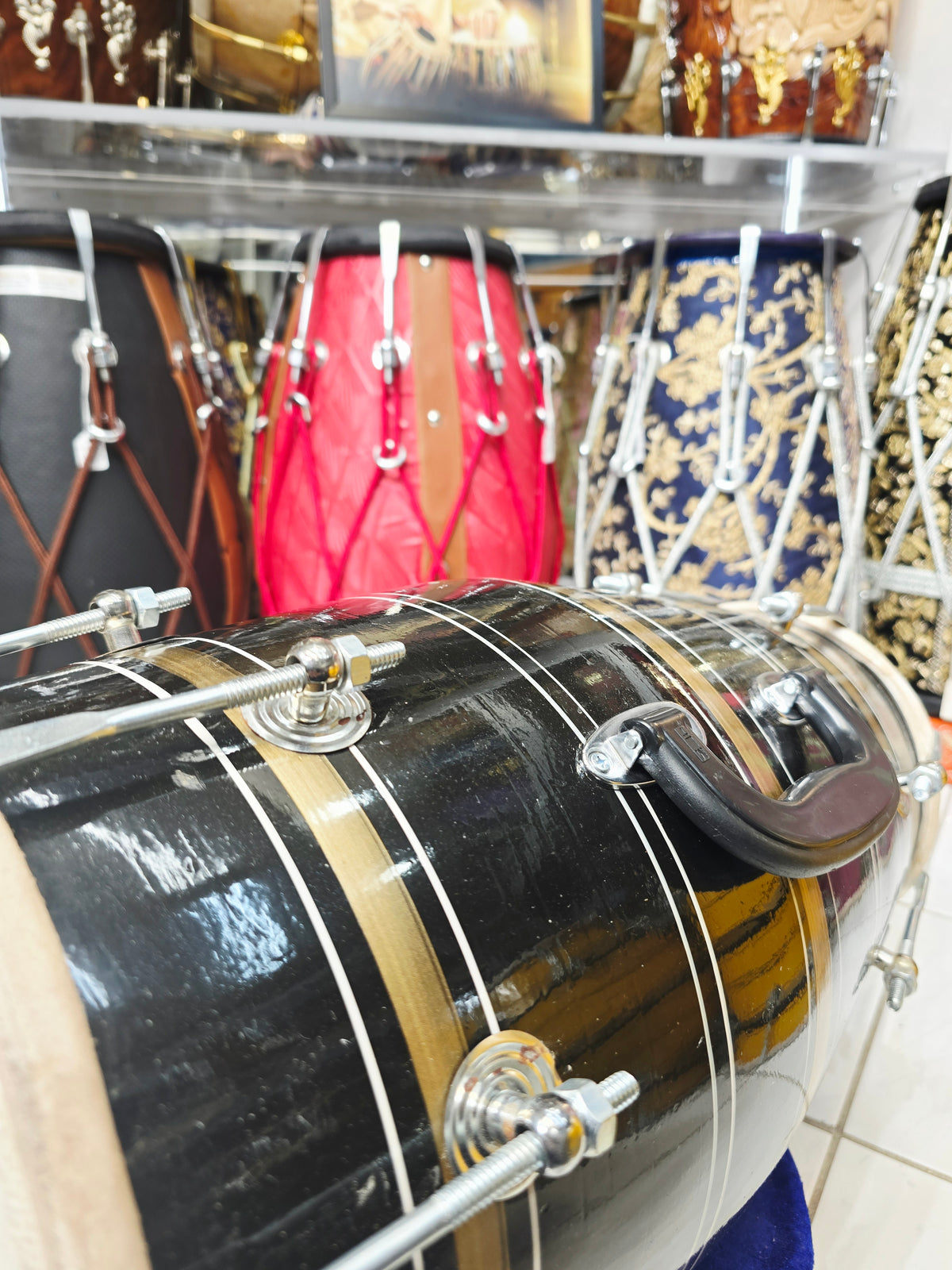 Kaal Rekha – Glossy Midnight Black & Antique Gold Striped Student Dholak with Silver Pinstripes & Carrying Handle *Minor Cosmetic Blemishes (B2)