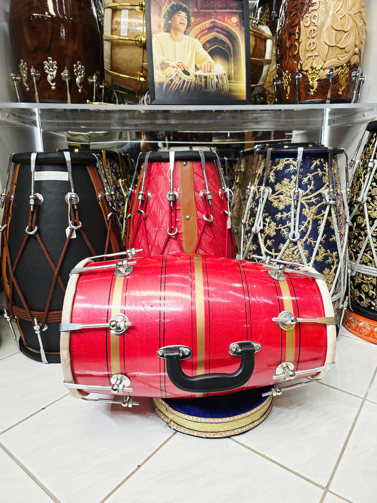 Lal Shakti – Metallic Crimson Red & Champagne Gold Striped Student Dholak with Black Pinstripes & Carrying Handle *Minor Cosmetic External Crack & Blemishes (R2)