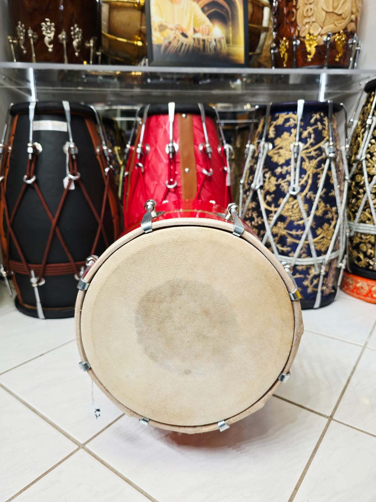 Lal Shakti – Metallic Crimson Red & Champagne Gold Striped Student Dholak with Black Pinstripes & Carrying Handle *Minor Cosmetic External Crack & Blemishes (R2)