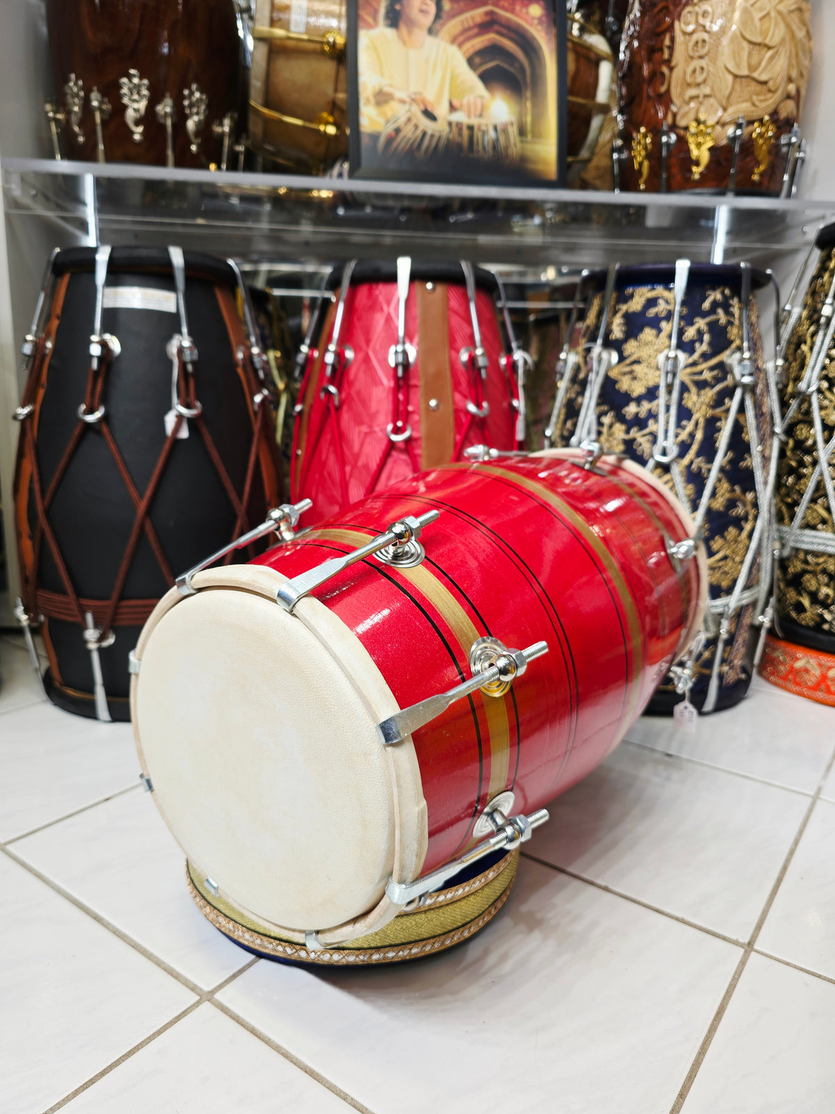 Lal Shakti – Metallic Crimson Red & Champagne Gold Striped Student Dholak with Black Pinstripes & Carrying Handle *Minor Cosmetic External Crack & Blemishes (R2)
