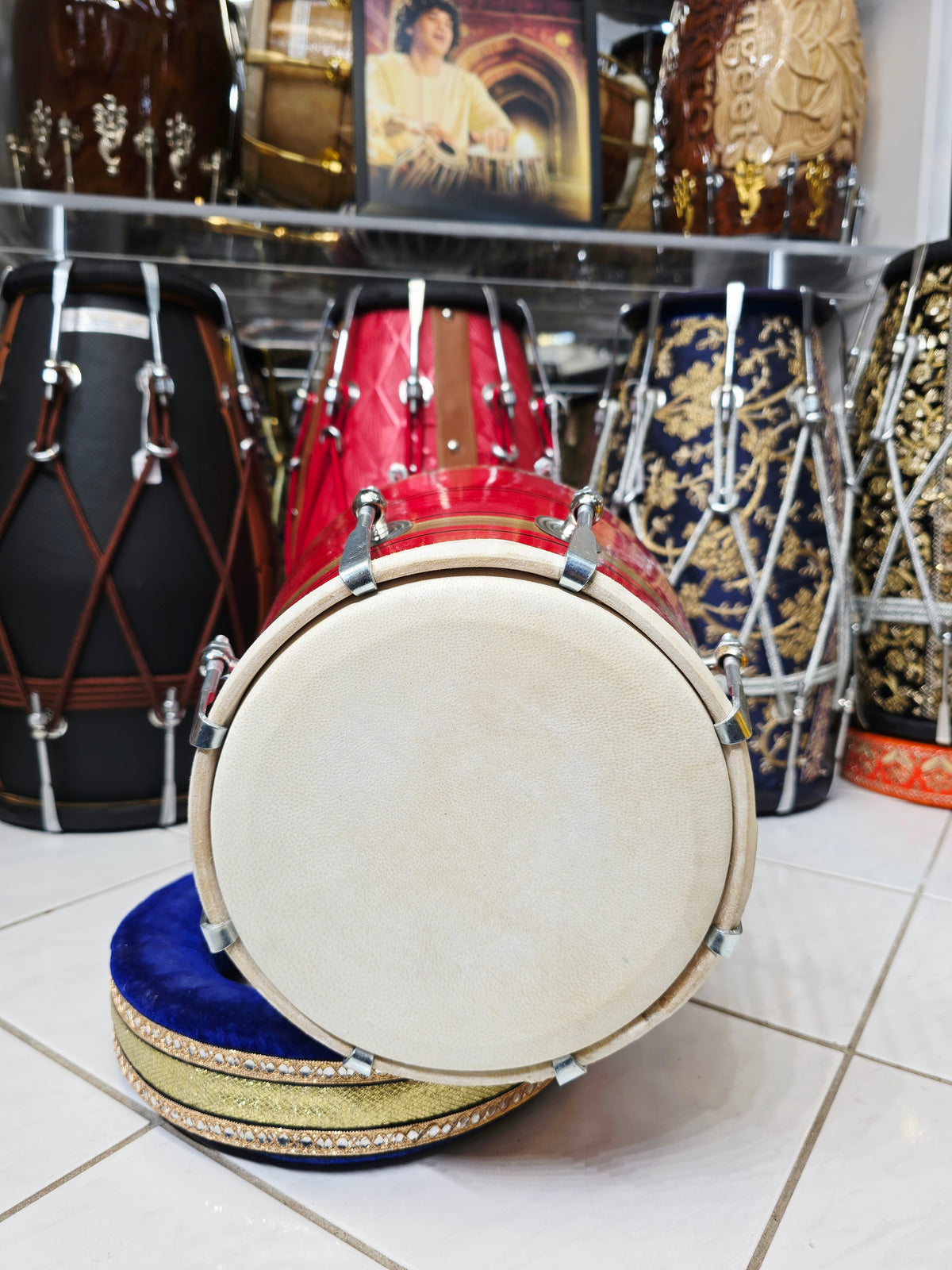 Lal Shakti – Metallic Crimson Red & Champagne Gold Striped Student Dholak with Black Pinstripes & Carrying Handle *Minor Cosmetic External Crack & Blemishes (R2)