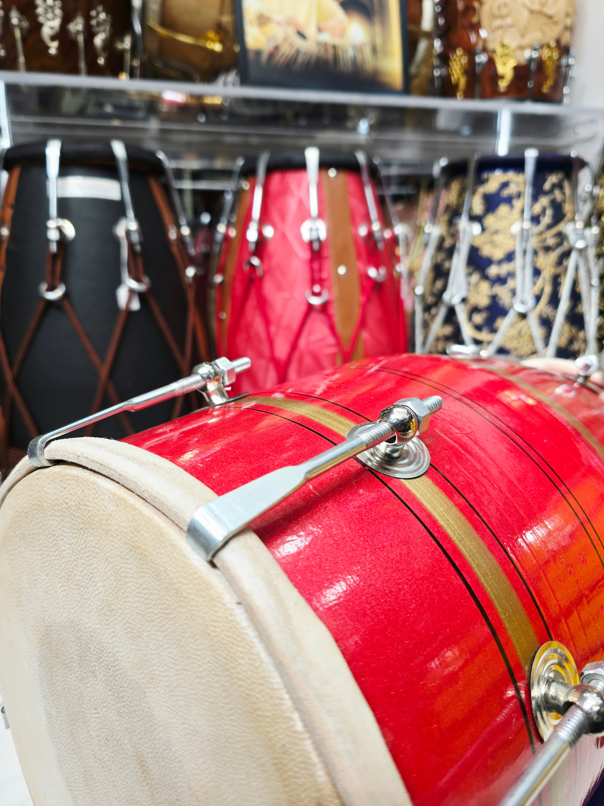 Lal Shakti – Metallic Crimson Red & Champagne Gold Striped Student Dholak with Black Pinstripes & Carrying Handle *Minor Cosmetic External Crack & Blemishes (R2)