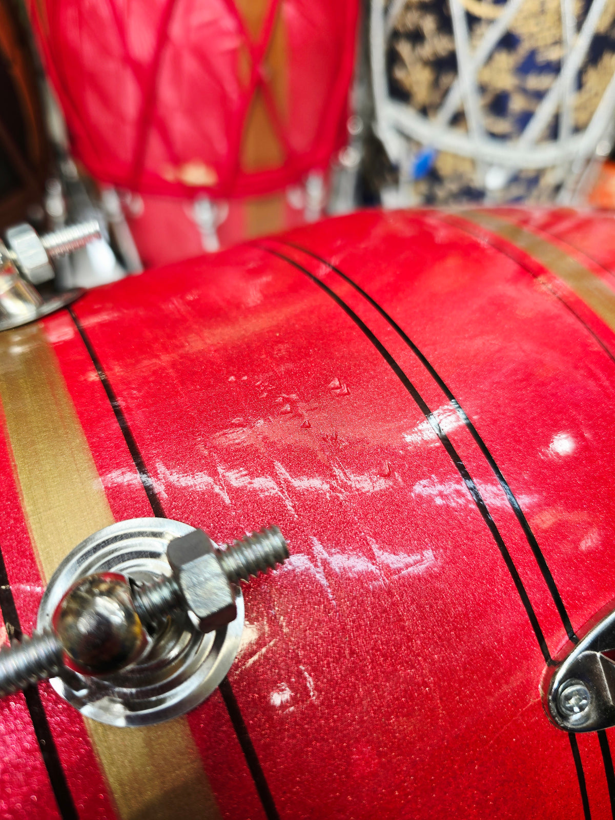 Lal Shakti – Metallic Crimson Red & Champagne Gold Striped Student Dholak with Black Pinstripes & Carrying Handle *Minor Cosmetic External Crack & Blemishes (R2)
