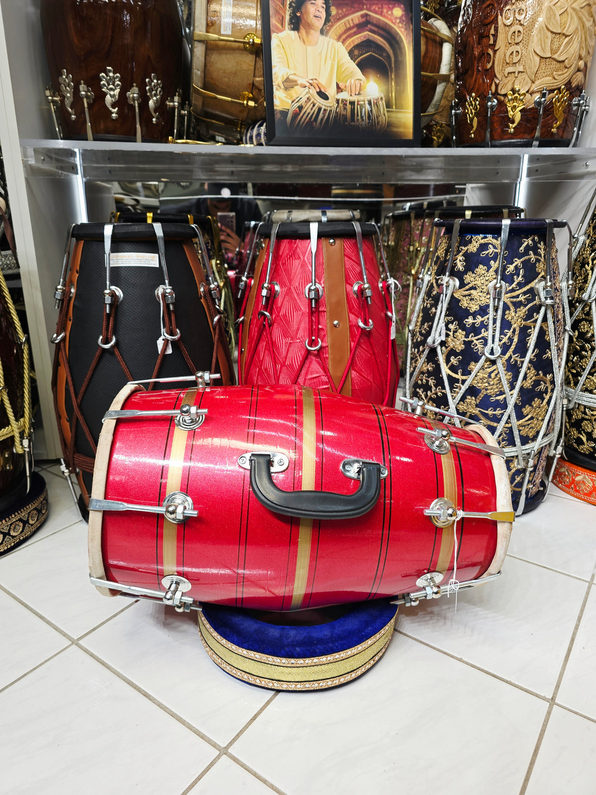 Agni Rekha – Metallic Ruby Red & Champagne Gold Striped Student Dholak with Black Pinstripes & Carrying Handle *Very Minor Cosmetic Blemishes (R3)