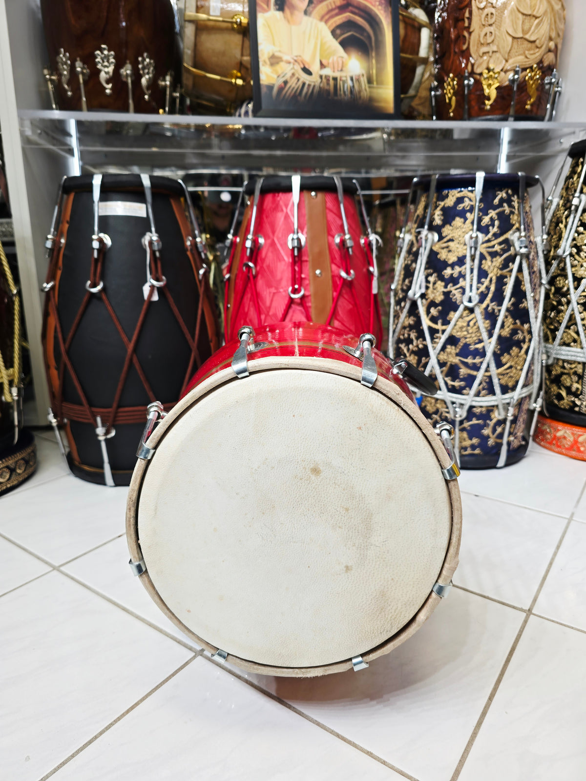 Agni Rekha – Metallic Ruby Red & Champagne Gold Striped Student Dholak with Black Pinstripes & Carrying Handle *Very Minor Cosmetic Blemishes (R3)