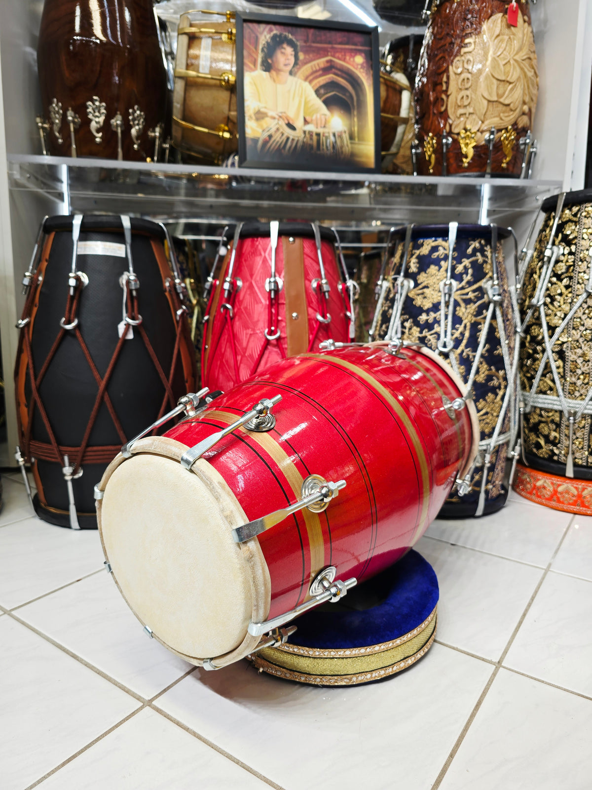 Agni Rekha – Metallic Ruby Red & Champagne Gold Striped Student Dholak with Black Pinstripes & Carrying Handle *Very Minor Cosmetic Blemishes (R3)