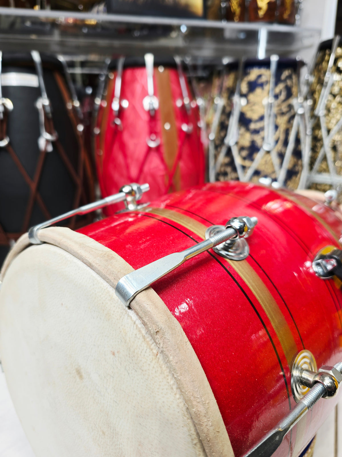 Agni Rekha – Metallic Ruby Red & Champagne Gold Striped Student Dholak with Black Pinstripes & Carrying Handle *Very Minor Cosmetic Blemishes (R3)