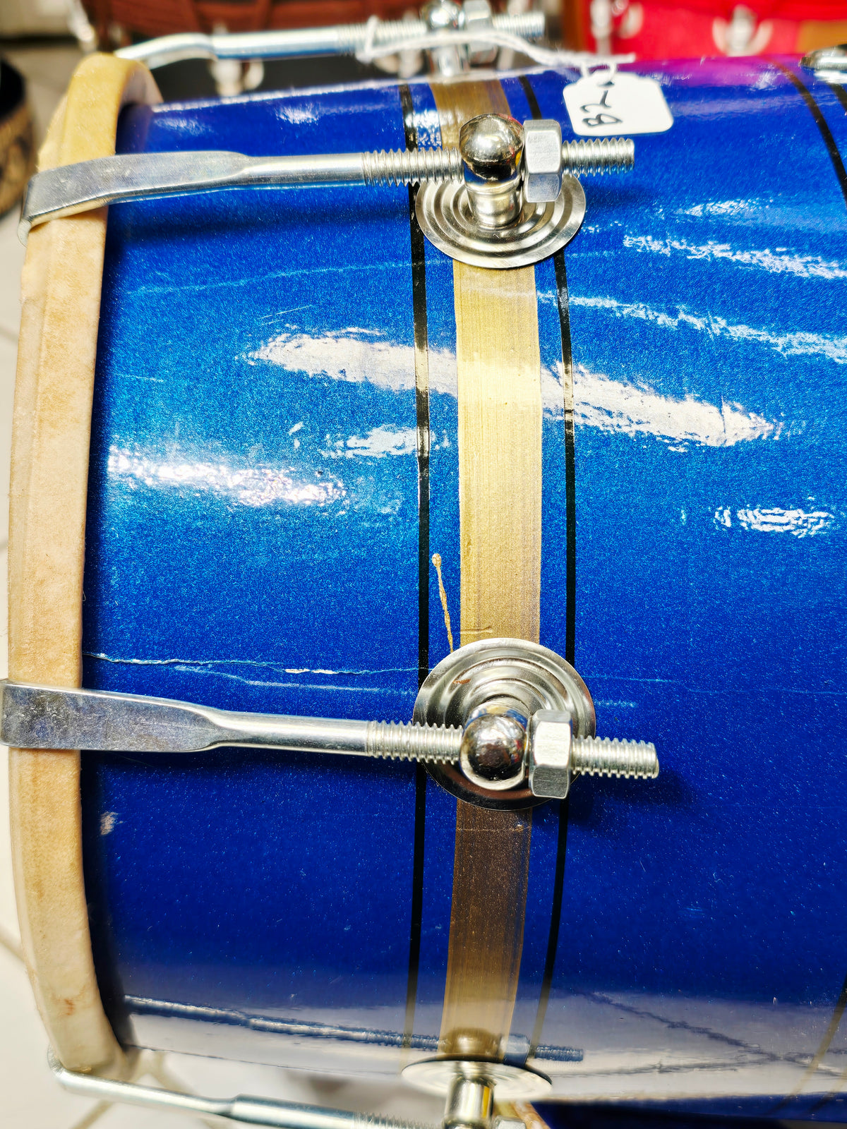Neel Vajra – Electric Sapphire Blue & Champagne Gold Striped Student Dholak with Black Pinstripes & Carrying Handle *Minor Cosmetic External Cracks & Blemishes (B2)