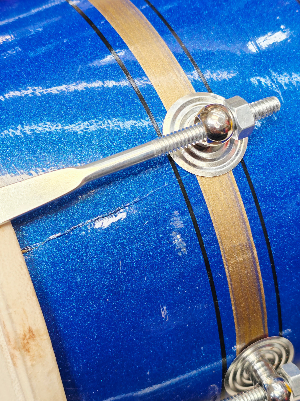 Neel Vajra – Electric Sapphire Blue & Champagne Gold Striped Student Dholak with Black Pinstripes & Carrying Handle *Minor Cosmetic External Cracks & Blemishes (B2)