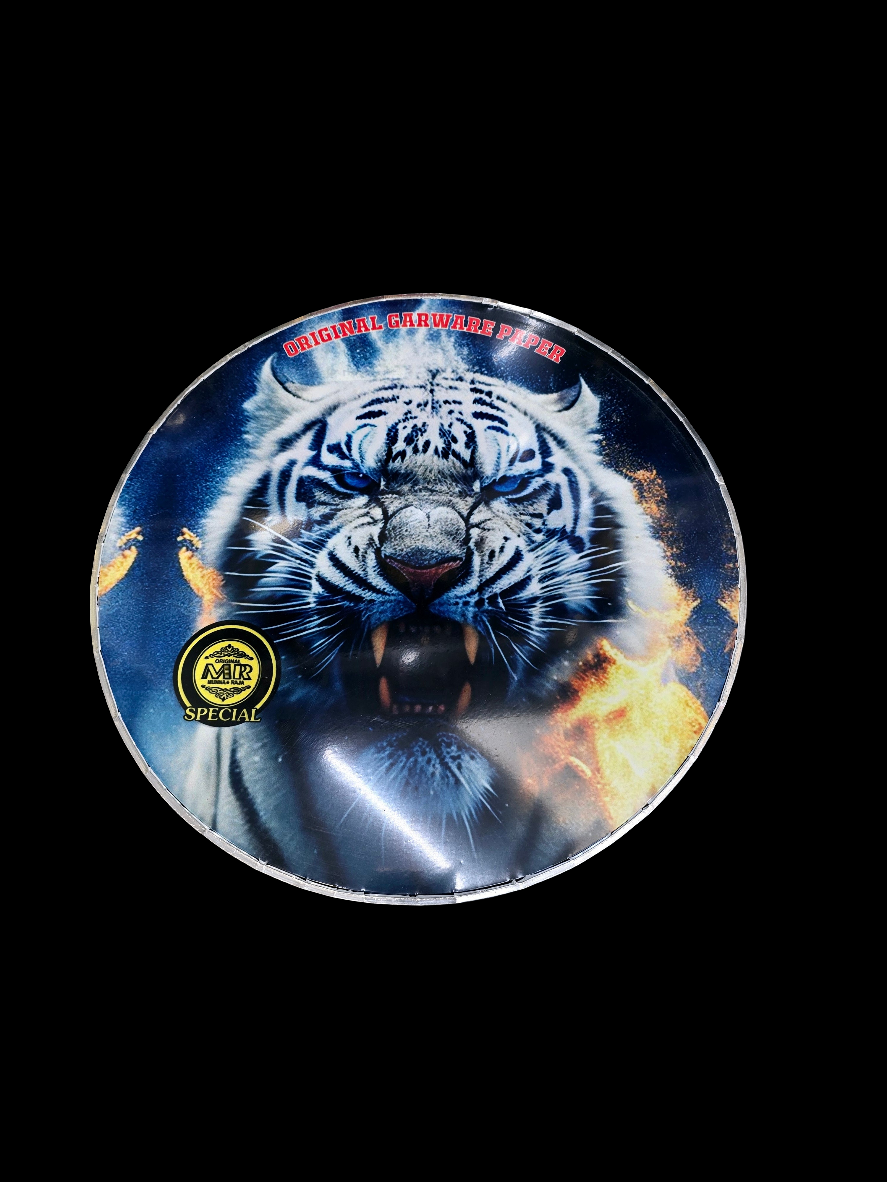 Inferno Frost 13.6" Dhol Treble Skin – White Tiger with Blue Eyes, Surrounded by Fire & Blue Tint - Sangeet Store