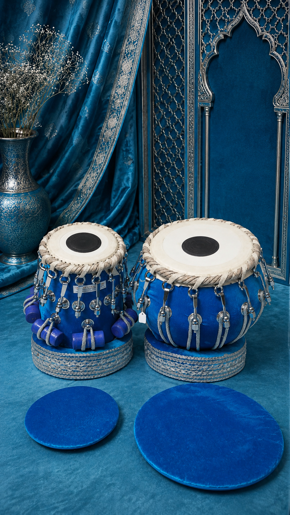 Neelambara Imperial 5⅝" D#/E Red Sheesham Dayan & 9" Brass Bayan Aqua Blue Velvet Wrapped Bolted Tabla Set with Silver Brass Bolts – Exceptional Tone