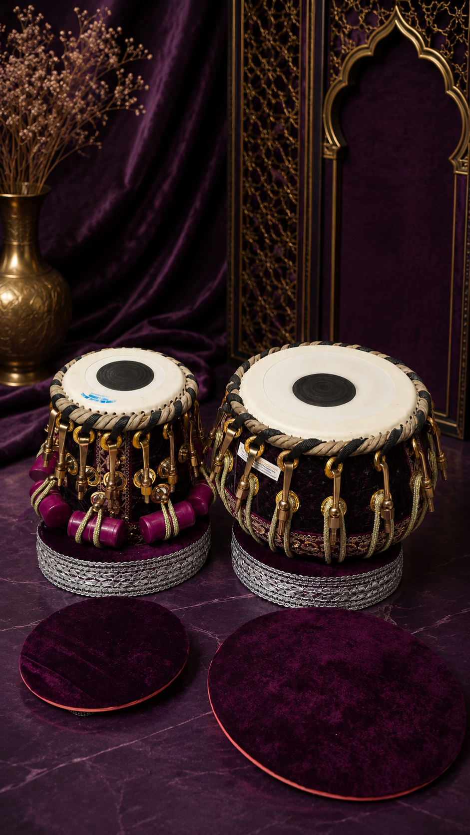 Rang Mahal Prestige 5.75" D#/E Red Sheesham Dayan & 9.25" Copper Bayan Purple Sherwani Bolted Tabla Set – Exceptional Tone