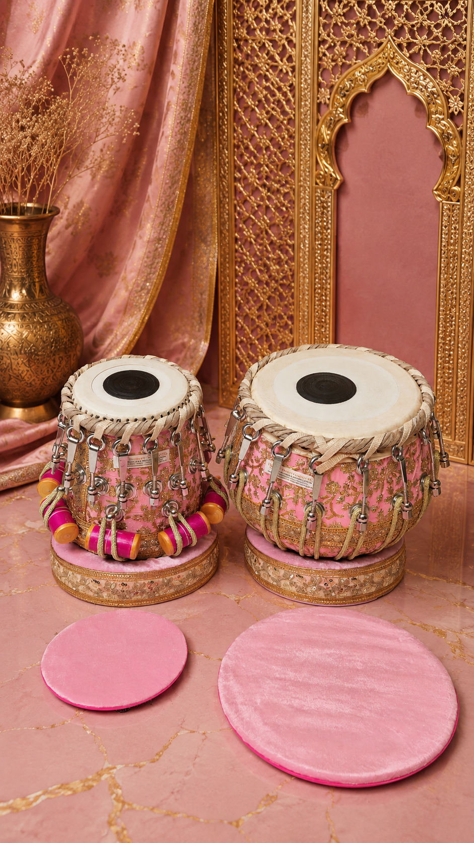 Gulabi Darbar Royale 6" C/C# Red Sheesham Dayan & 9.25" Copper Bayan Pink Sherwani Bolted Tabla Set – Exceptional Tone
