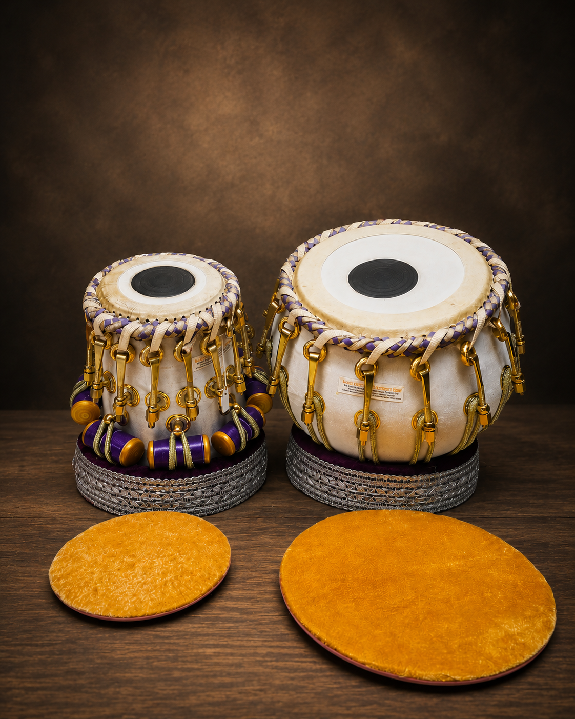 Amethyst Ivory Bolted White Velvet Tabla Set – 5.75" C#/D Red Sheesham Dayan & 9.25" Copper Bayan | with Purple Weaving *Very Minor Cosmetic Blemishes