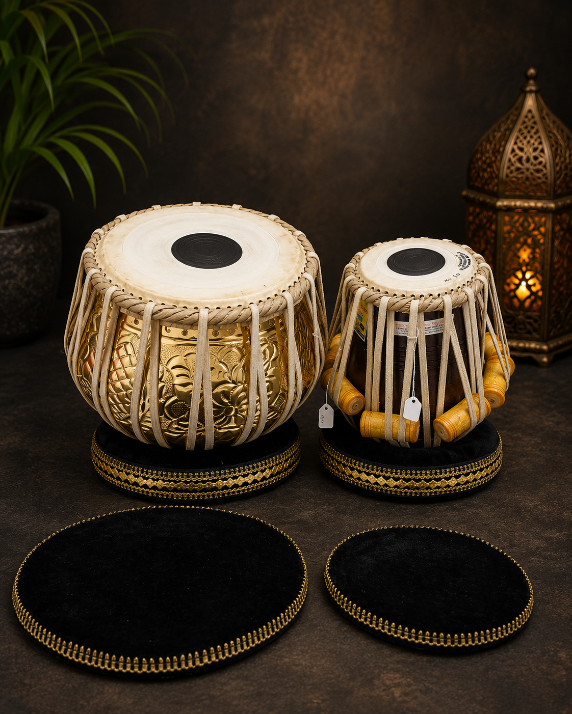Aurevar 5.5" D# Red Sheesham Mohd. Sharif Dayan + 9.25" Engraved Brass Bayan Professional Tabla Set