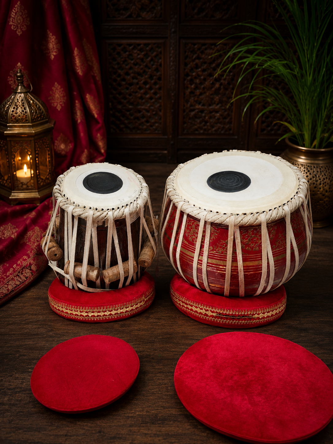 Benares Surya Shakti Pro Tabla Set – 5⅝" D# Engraved Red Sheesham Dayan & 9.25" 4.2kg Hand-Engraved Red Copper Bayan (Very Minor Cosmetic Defects)