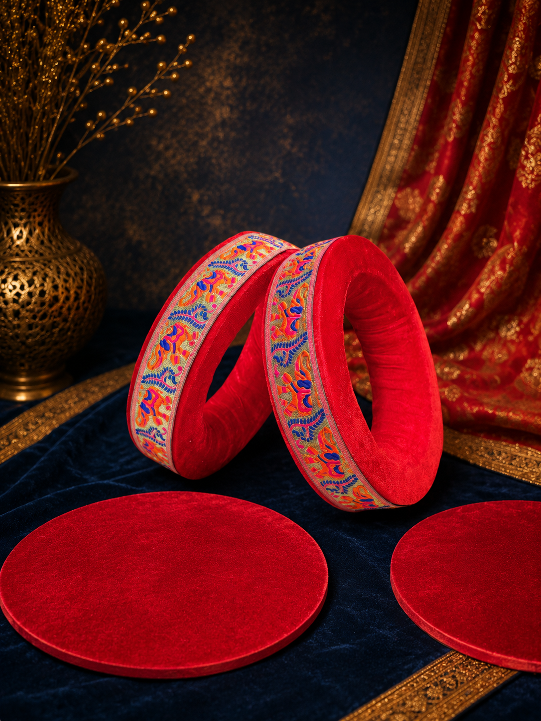 Rangoli Royale | Premium Red Velvet Tabla Rings Set with Multicolor Woven Trim