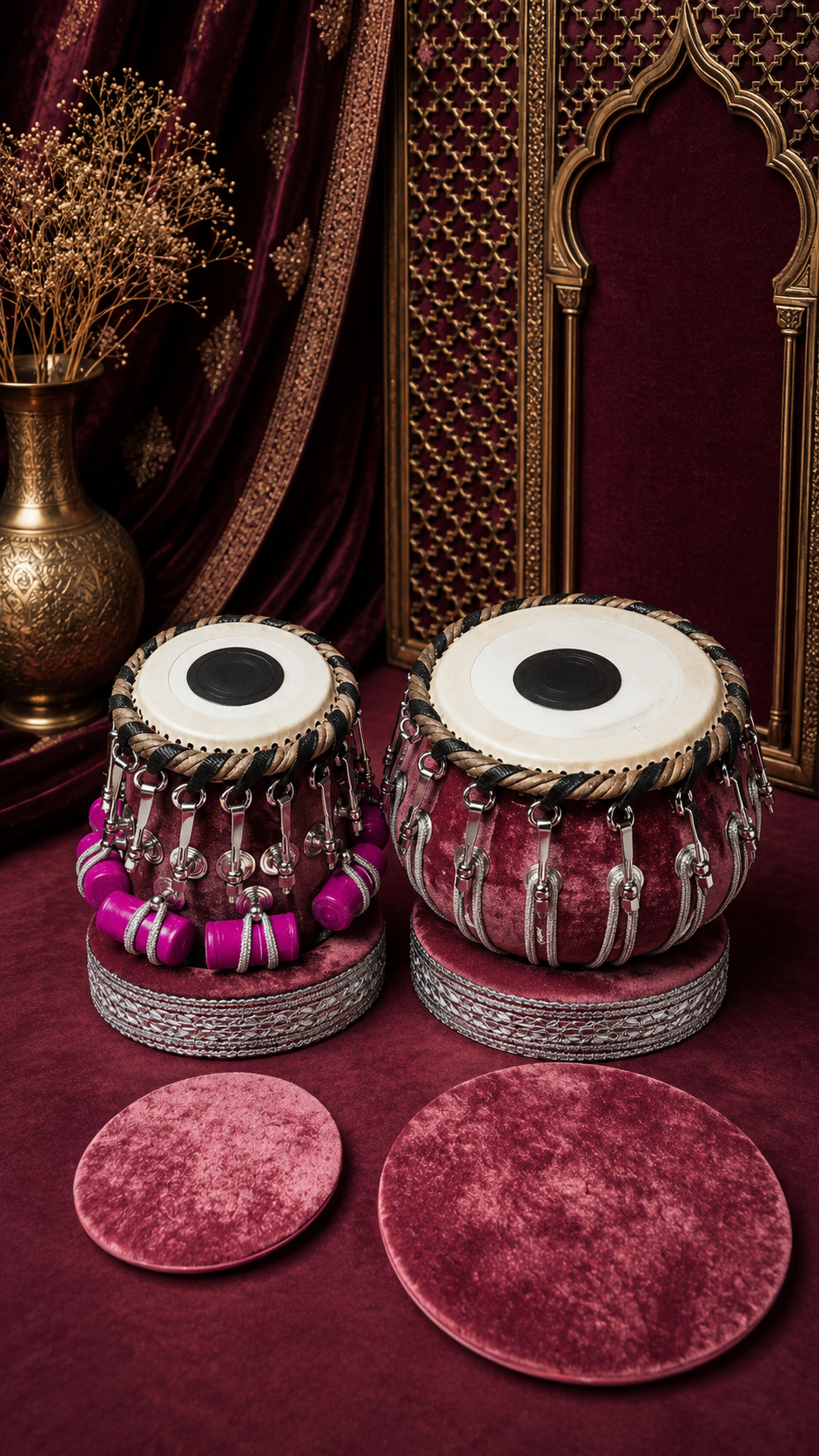Surkh Mahal Royale 5.25" D#/E Red Sheesham Dayan & 9.25" Copper Bayan Rosewood Velvet Bolted Tabla Set – Exceptional Tone