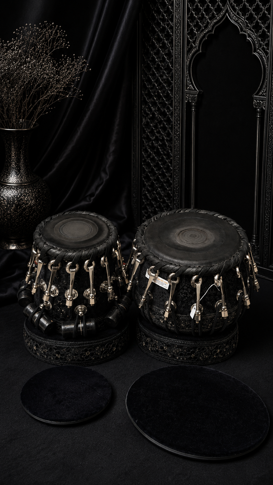 Midnight Darbar Obsidian 5.5" D#/E Red Sheesham Dayan & 9.25" Copper Bayan Black Sherwani Wrapped Tabla Set with Black-on-Black Skins, Silver Brass Bolts