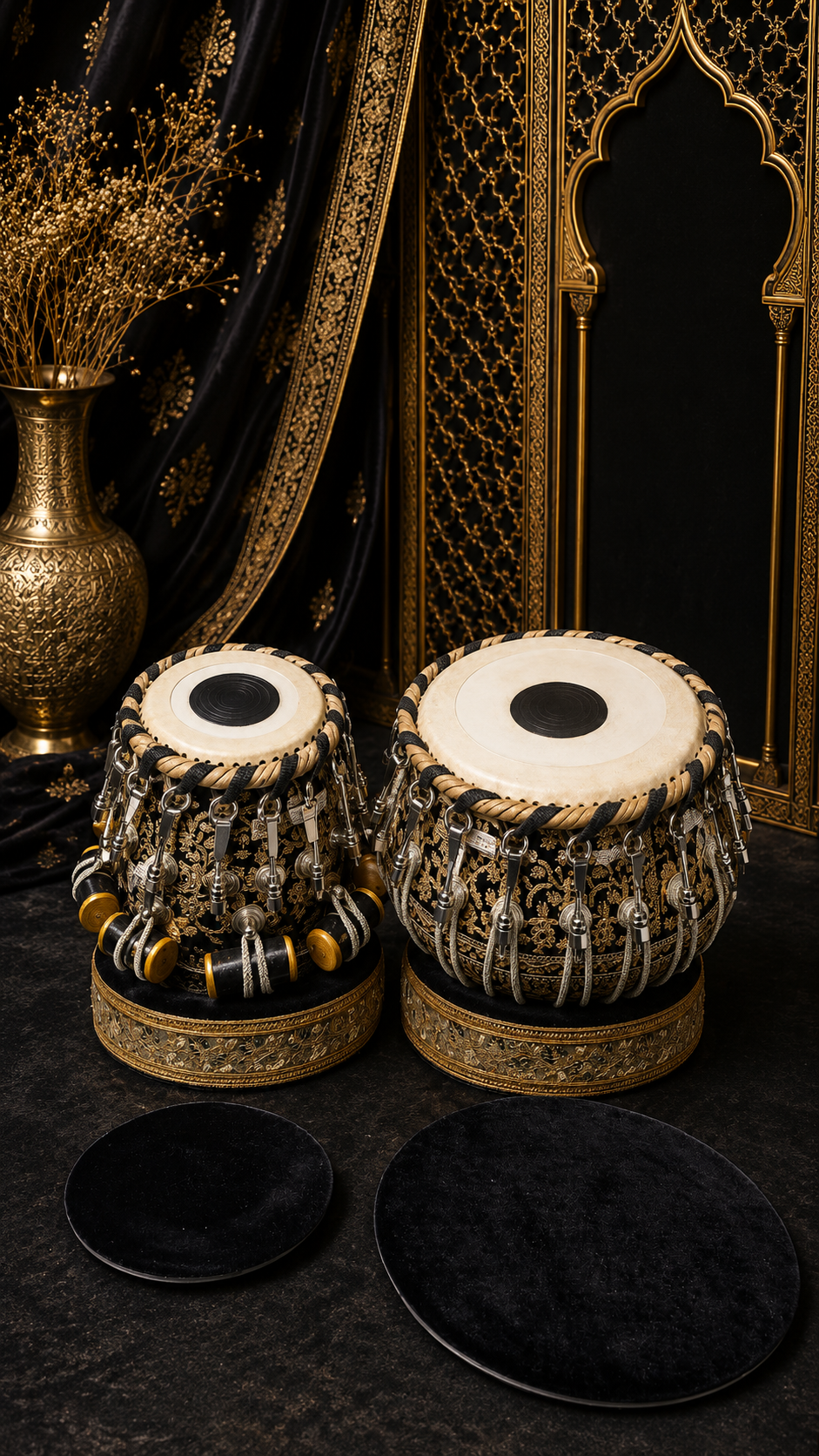 Shahi Noir Imperial 5.75" C#/D Red Sheesham Dayan & 9.25" Brass Bayan Black Sherwani Wrapped Bolted Tabla Set