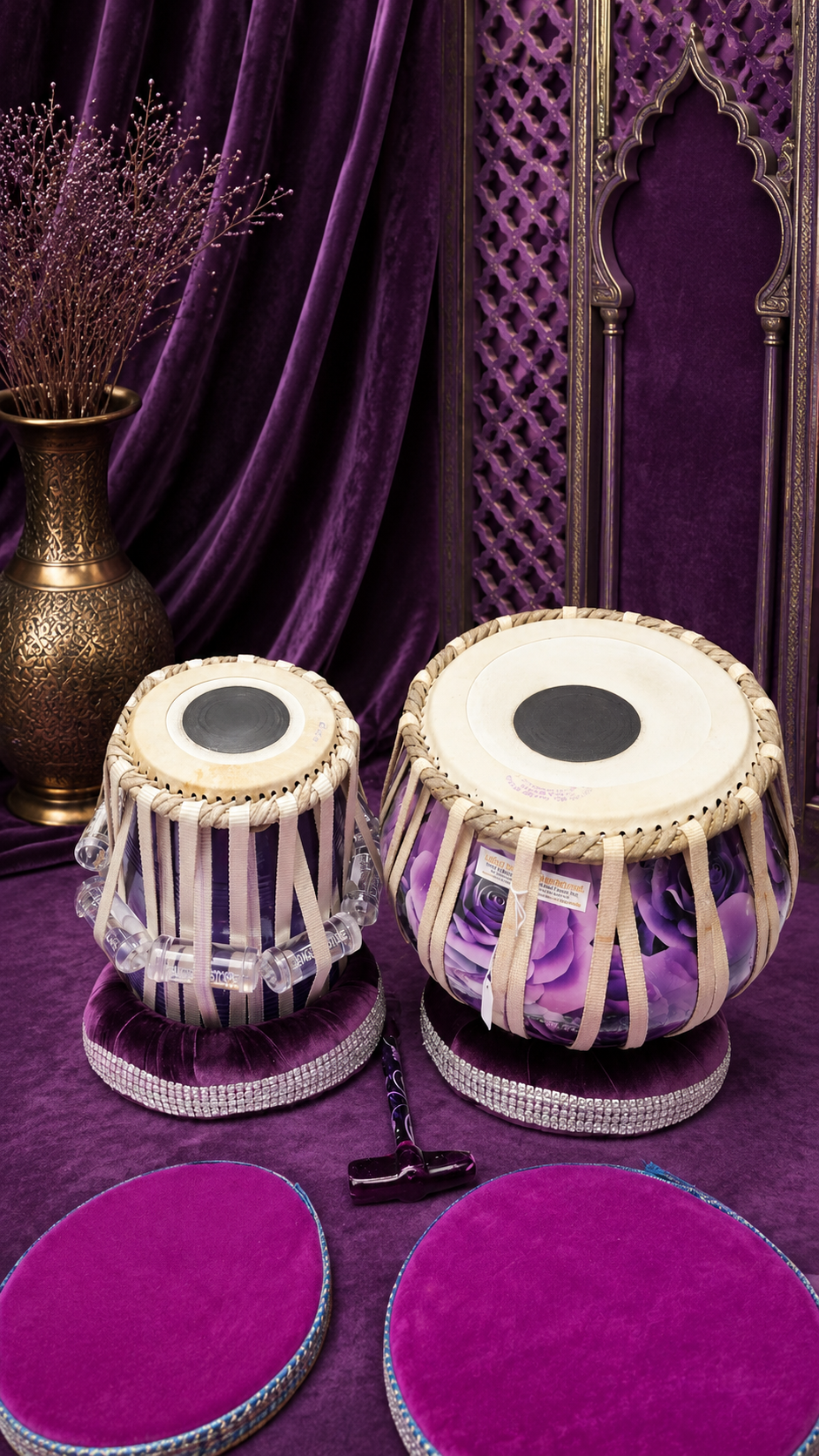 Violet Raga Bloom — 5.25" C/C# Red Sheesham Dayan + 9" 6.1kg Copper Bayan (Purple Floral Concert Edition) *Minor Cosmetic Blemishes