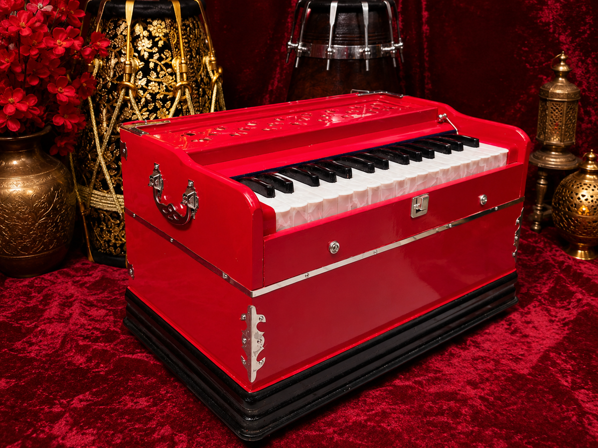 Crimson Melody: Compact Red 32 Key Semi-Pro Boxed Harmonium (with Minor Cosmetic Imperfections) with Coupler (Without Stoppers)