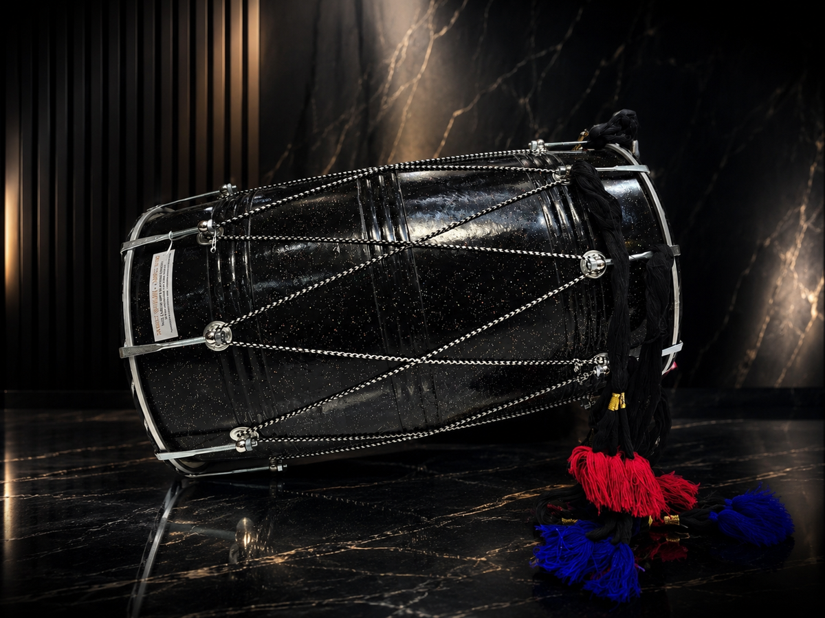 Midnight Nebula Punjabi Dhol | Sparkly Black Fiberglass Shell | Composite Plastic Skins on Both Sides | Minor Cosmetic Blemishes