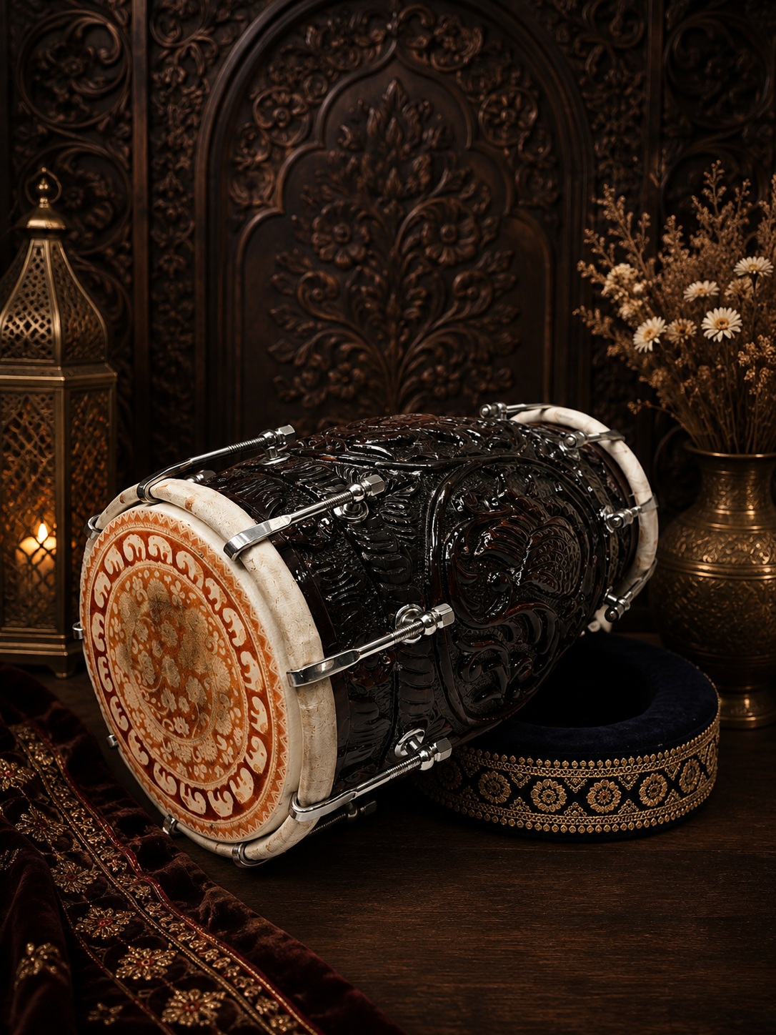 Mahakaal Heritage Black Sheesham Dholak by Maa Ambika | Intricately Hand Carved Shell with Green Undercoating and Traditional Floral Bass Skin