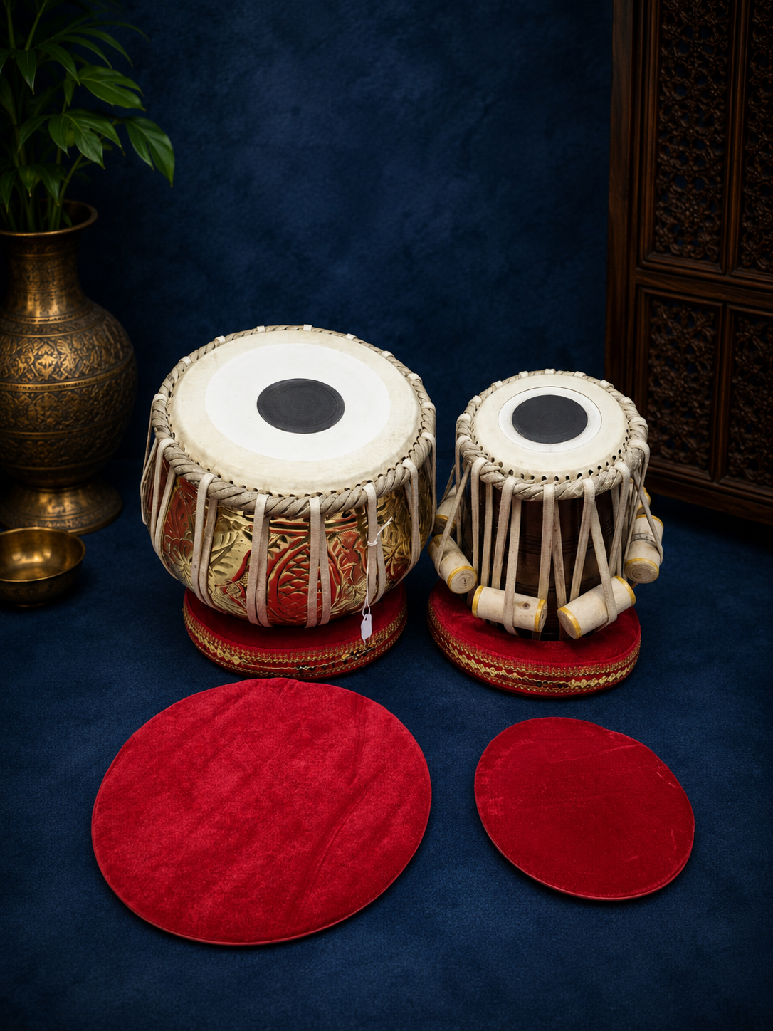 Rajgharana Tabla Set – 5⅜" E Red Sheesham Dayan + 9.25" Engraved Brass Bayan – Economy Professional Series *Very Minor Cosmetic Blemishes