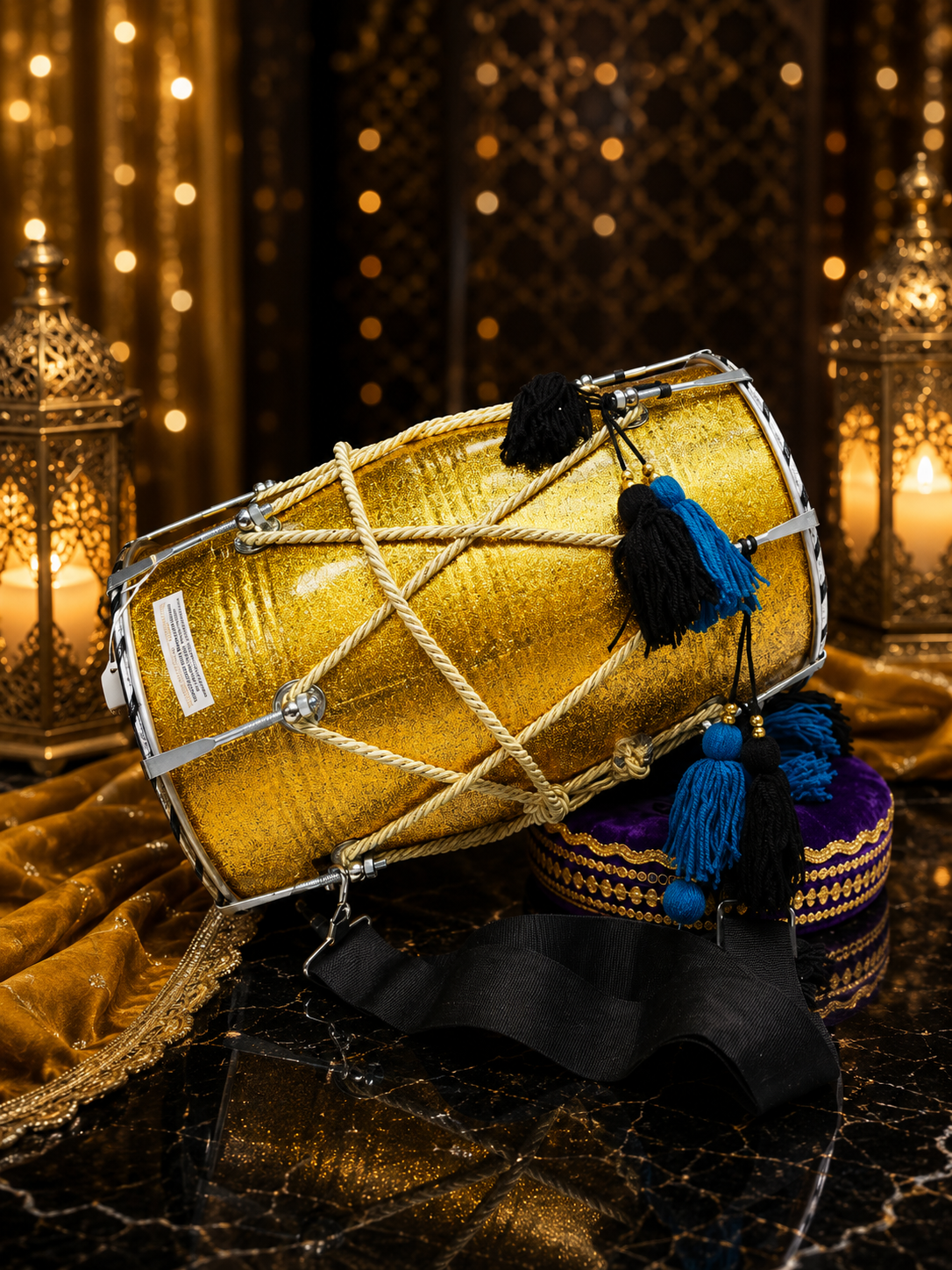 SunehriNaad 17.75" Gold Spark Fiberglass Punjabi Dhol 10" Skins