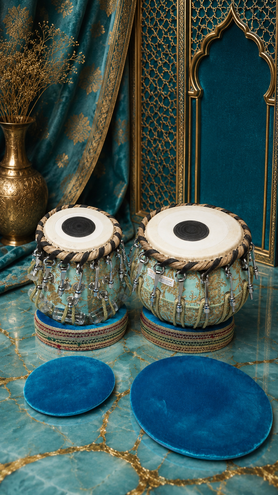 Indraneel Imperial 5⅝" D#/E Red Sheesham Dayan & 9.25" Copper Bayan Teal Sherwani Bolted Tabla Set – Exceptional Studio Recording Tone