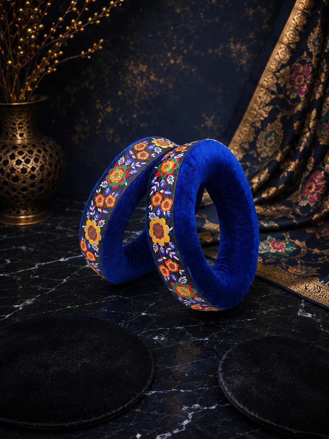 Mehfil Blossom | Premium Royal Blue Velvet Tabla Rings Set with Floral Embroidered Trim & Black Velvet Pads
