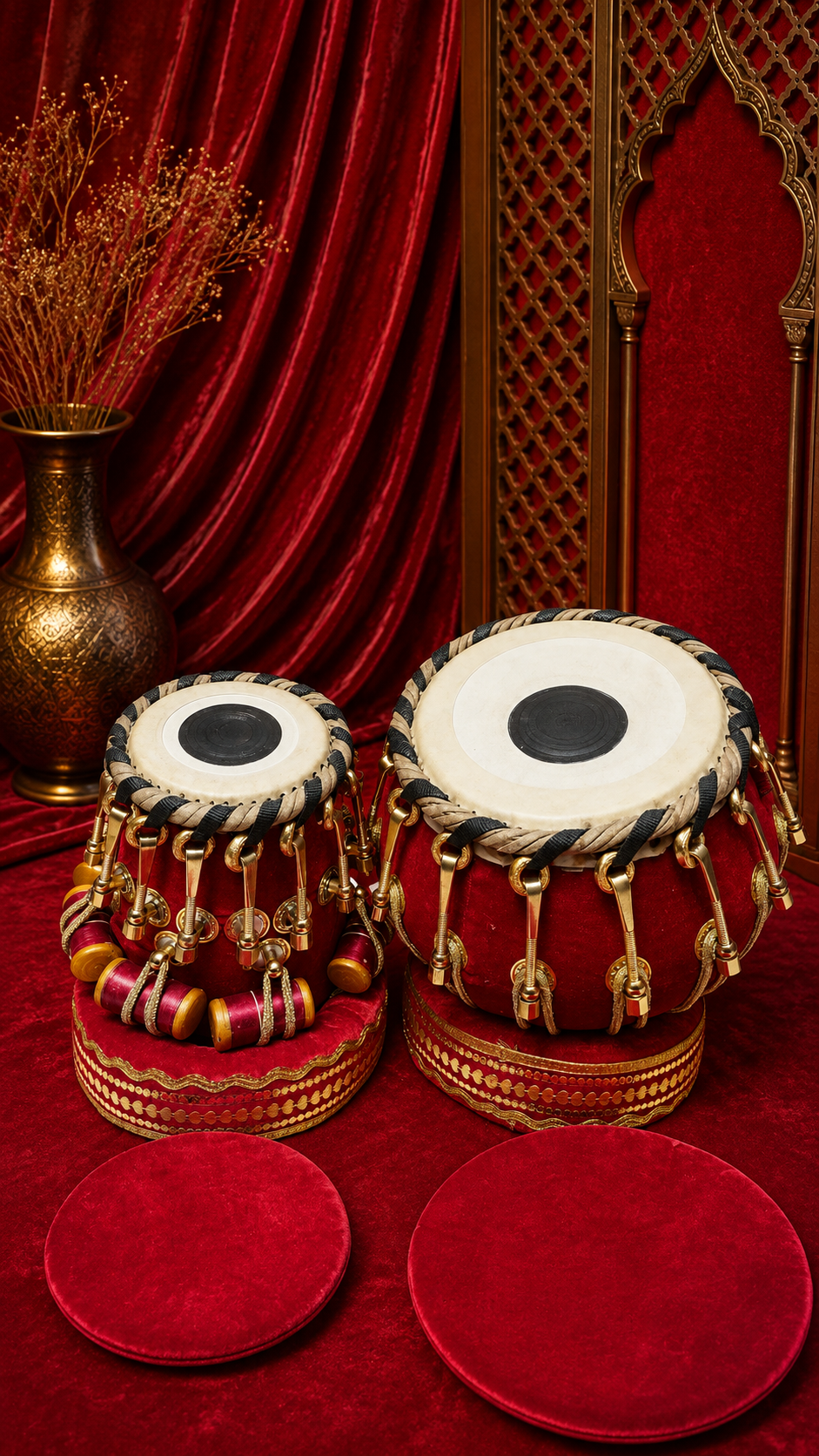 Rakt Maharaaj — 5.25" D#/E Red Sheesham Dayan + 9" Copper Bayan (Red Velvet Bolted Set) *Minor Cosmetic Defects
