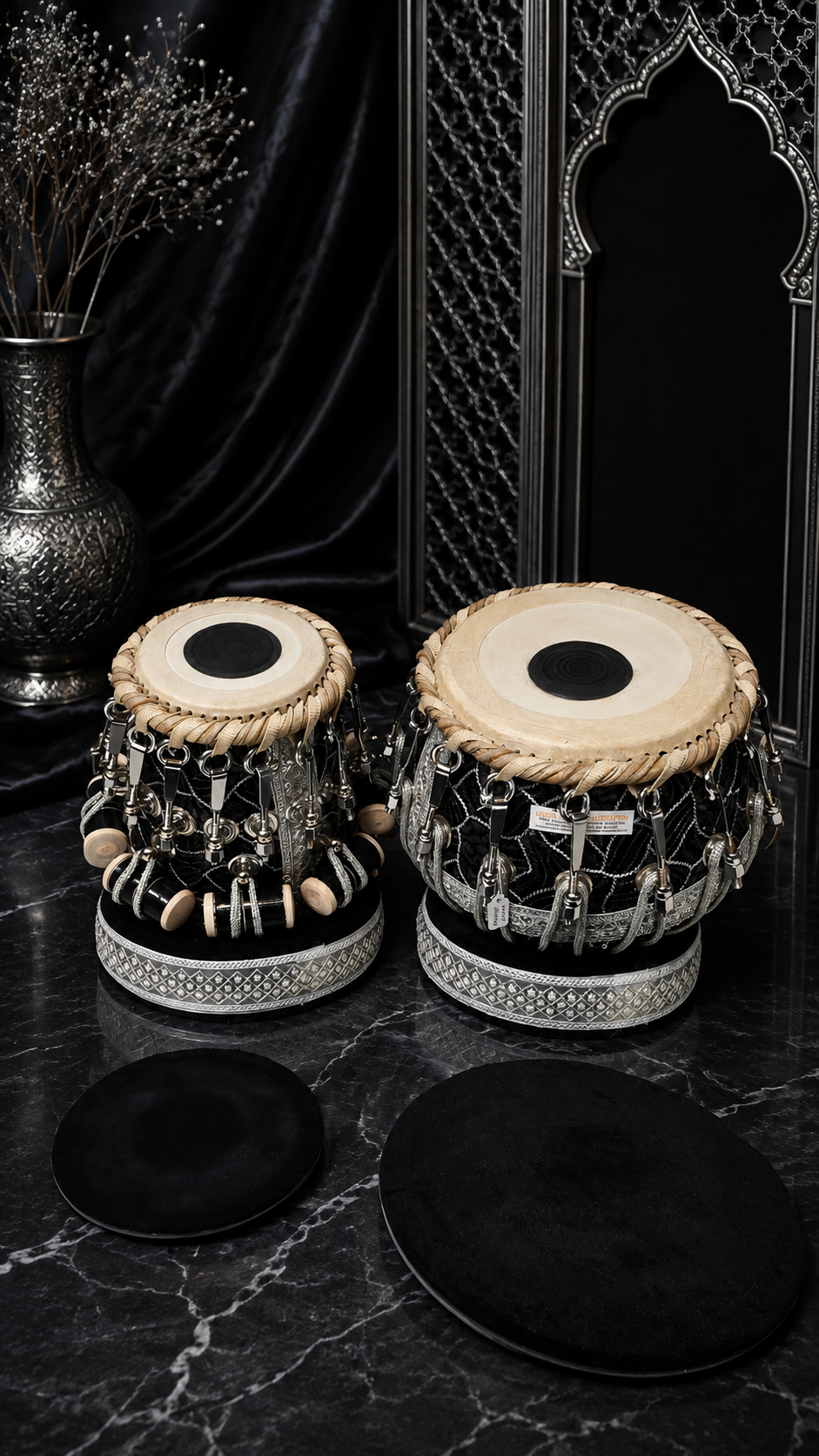 Midnight Darbar Sovereign: 5.75" C# Red Sheesham Dayan & 9.25" Copper Bayan Black & Silver Sherwani Bolted Tabla Set – Exceptional Tone Bayan