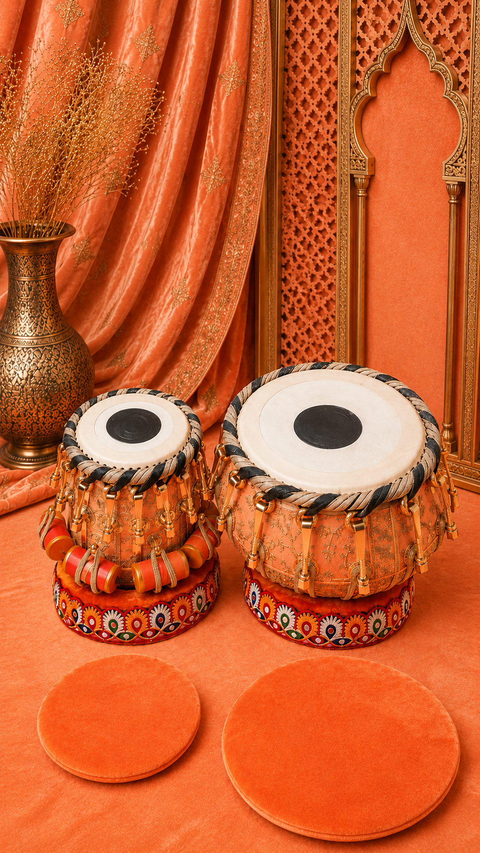 Kesari Dynasty — 6" C# Red Sheesham Dayan + 9" Copper Bayan (Bolted Orange Sherwani Wrapped Set) *Barely Noticeable Hissing Sound