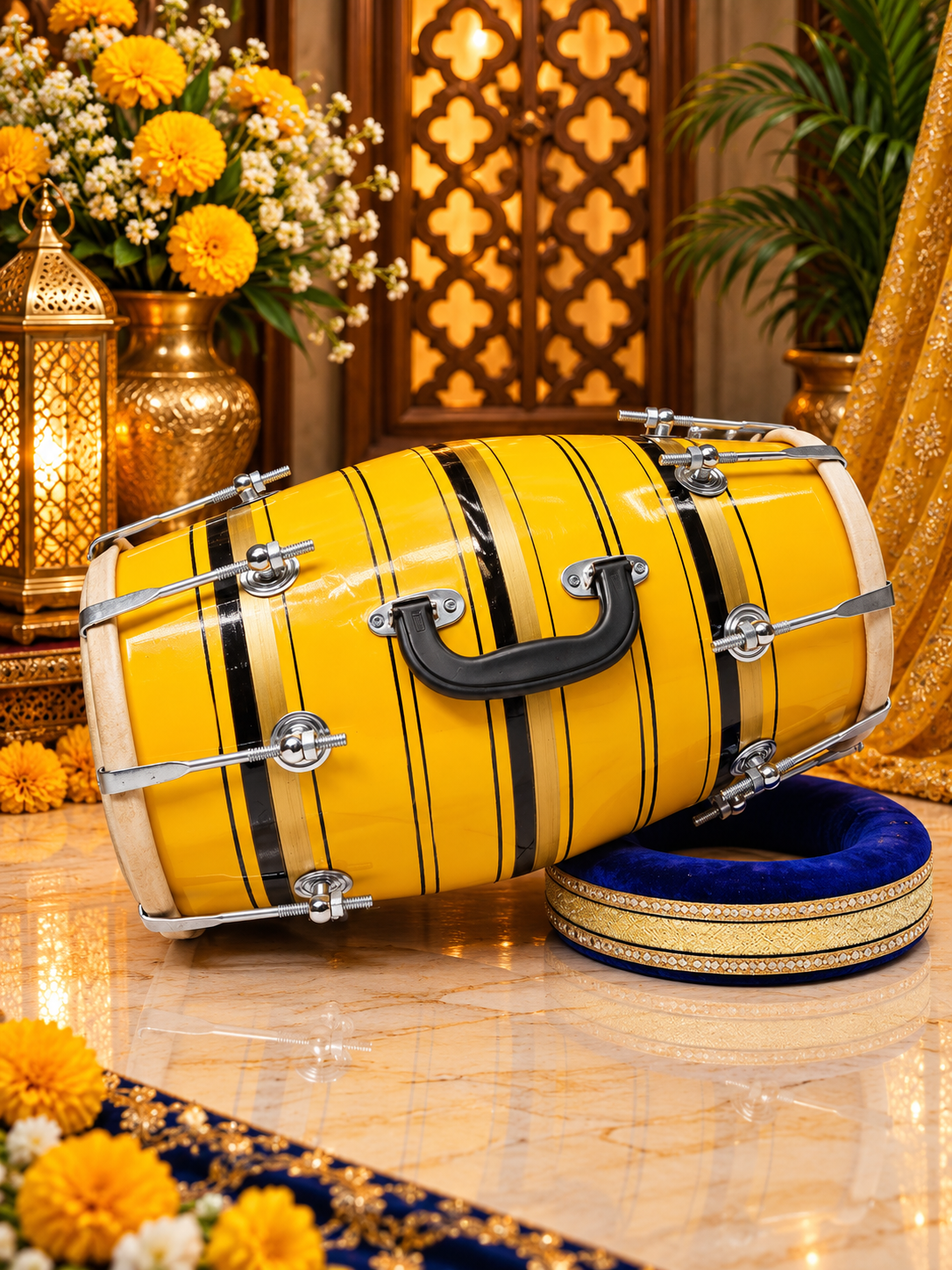 Surya Stripes – Vibrant Yellow & Black Striped Student Dholak with Gold Accents & Carrying Handle (YB1)