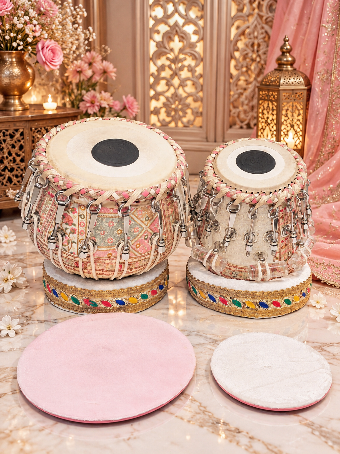 Gulabi Rajmahal – White & Pink Sherwani-Wrapped Bolted Tabla Set | 5⅝" B/C Red Sheesham Dayan & 9" Copper Bayan