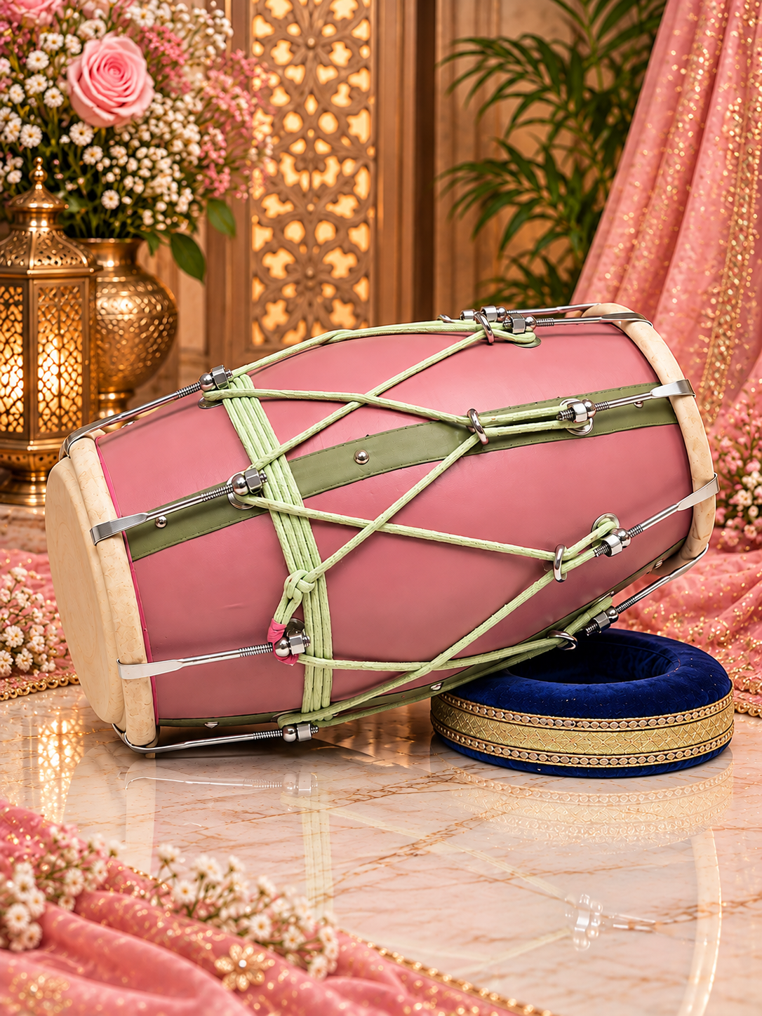 Gulbahaar Vasant – Premium Pink & Green Leather-Wrapped Red Sheesham Dholak *Minor Cosmetic Blemish / Tear *Exceptional Tone