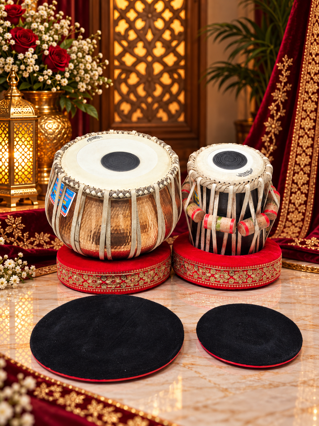 Tamra Raj – Mohd. Sharif Concert D/D# Tabla Set | 5.75" Red Sheesham Dayan + 9.25" Hand-Hammered Copper Bayan *Very Minor Cosmetic Blemishes
